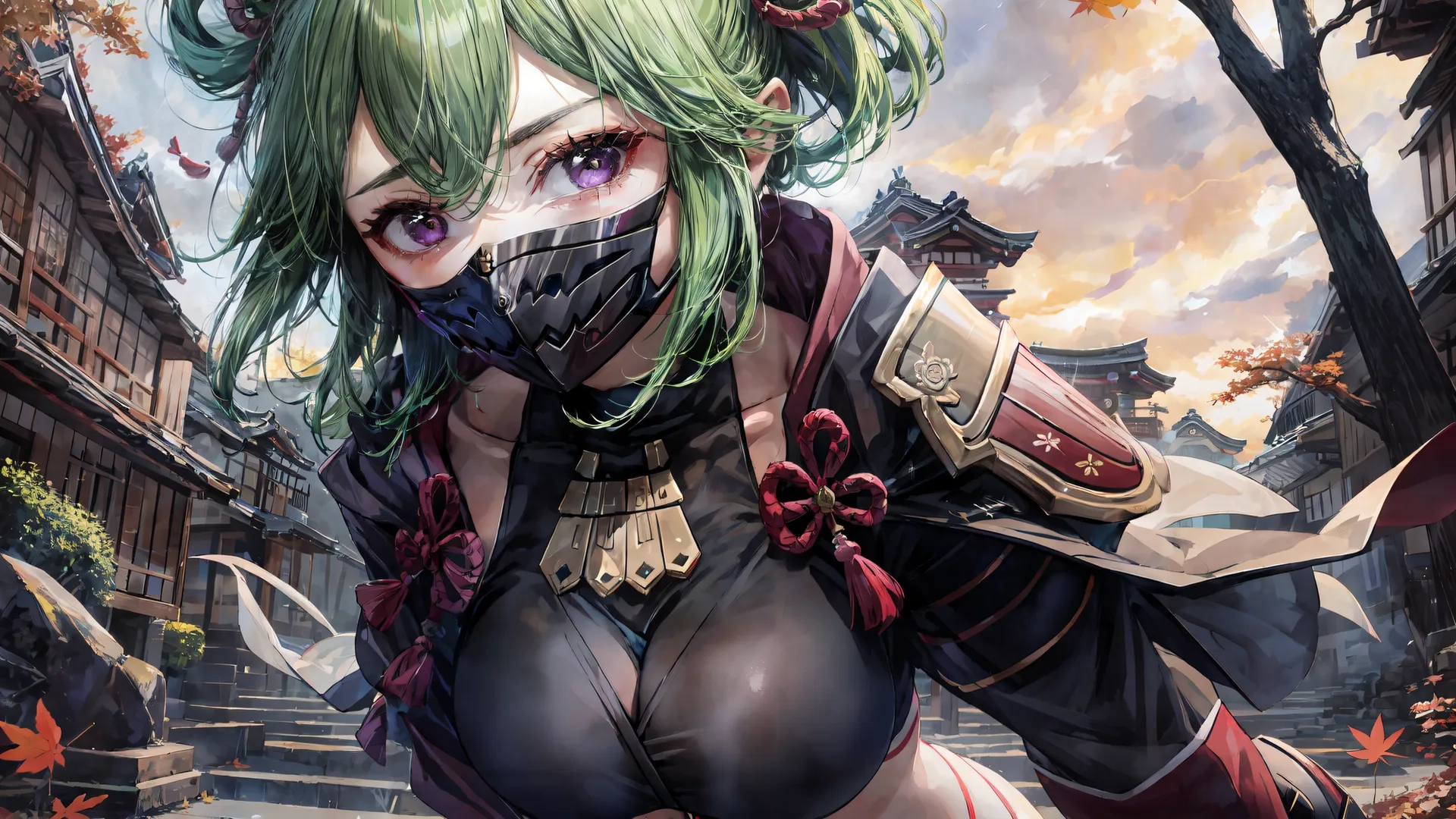 a very cute pretty woman with green hair in a costume for an anime game cover photo with buildings and fall trees in the background behind her
