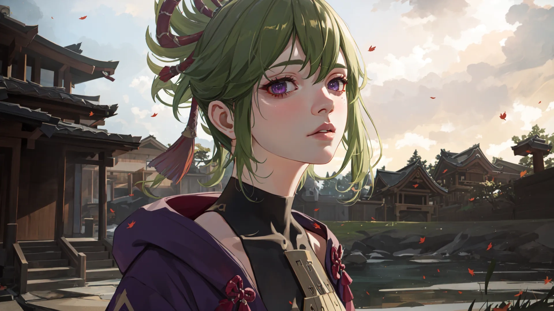 a anime girl with a bushy - hair and green hair, standing in front of an old building surrounded by leaves near water at sunset
