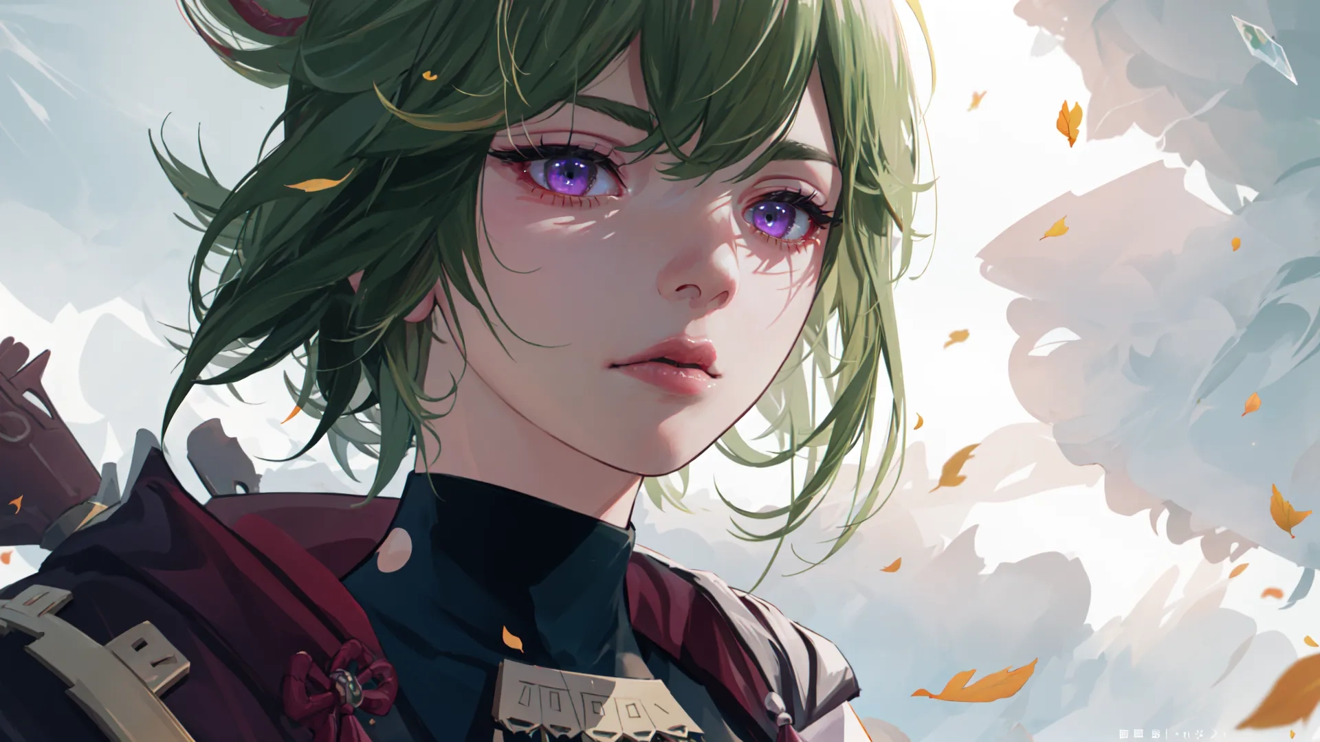 a pretty green haired girl with her eyes shut while surrounded by falling leaves and flowers above her head is a long piece of clothing with a red vest
