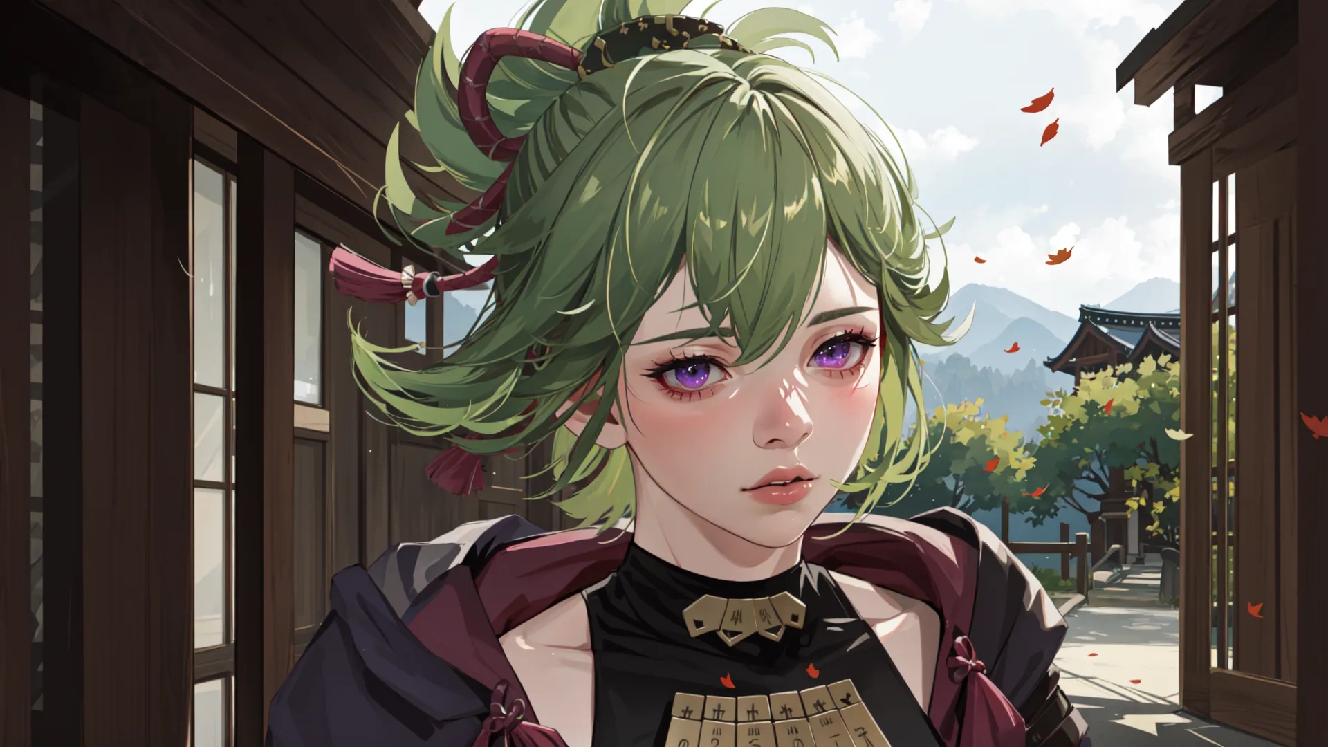 a young girl with green hair wearing a dress is outside of an old - fashioned house and leaves fly in the air and her face also looks sideways towards the side view
