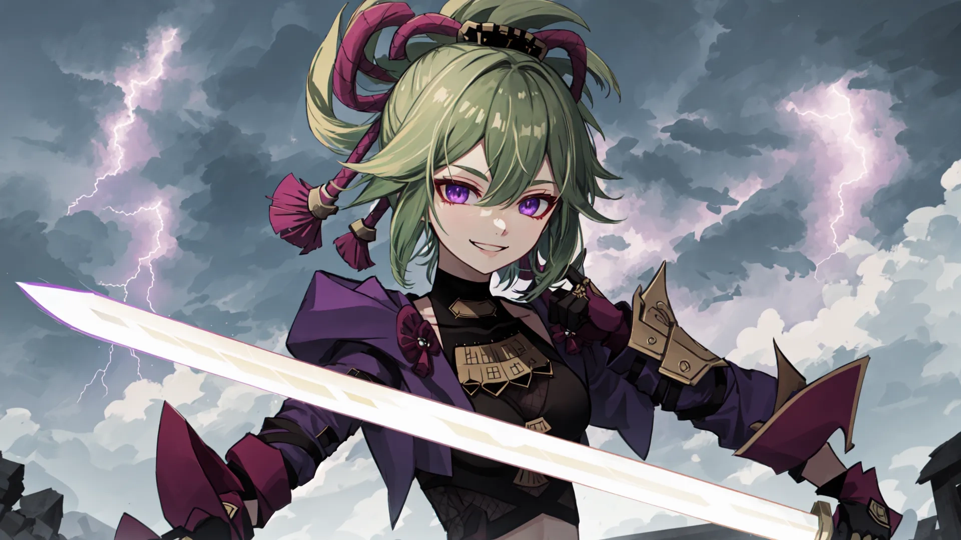 the girl has long hair and pink sunglasses holding her swords in front of a gray cloudy sky with lightning above her face on an island
