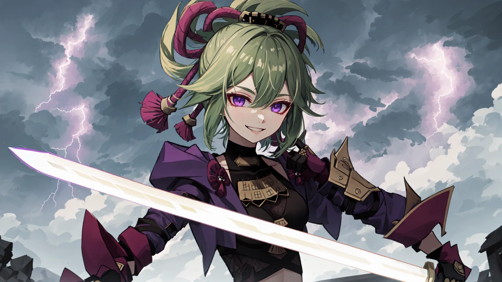 anime style female with pink eyes holds a sword over her shoulder and stands on rocks beneath lightning and clouds above her, behind him, large - like a dark,
