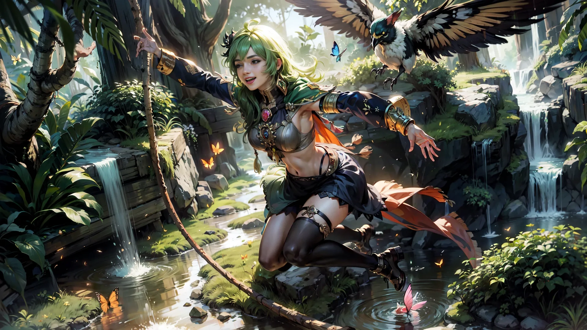 a girl with wings above water and waterfall in a forest with other birds flying in the air above her head and hand on the rock below
