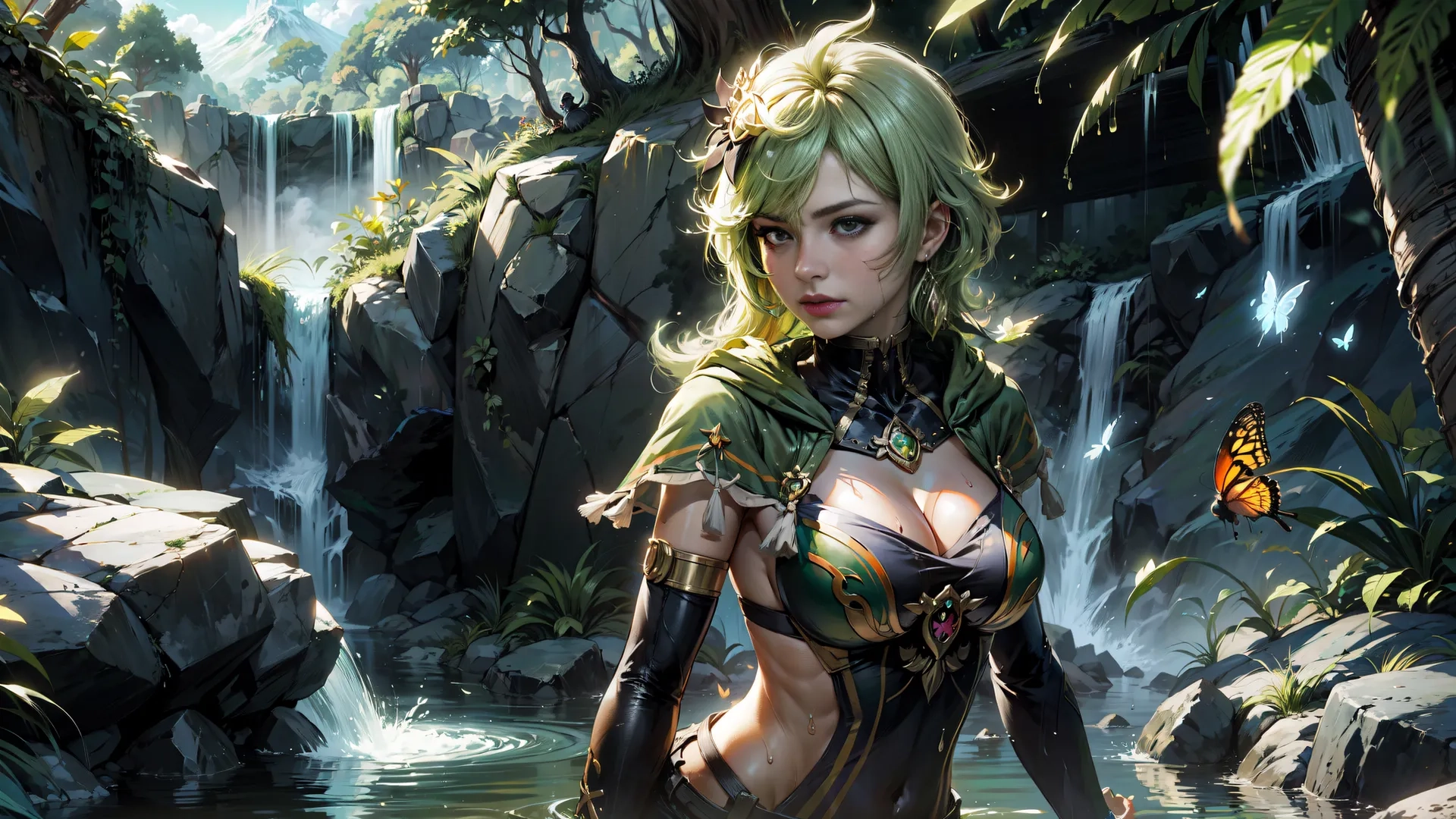 an illustration of a beautiful blonde girl with butterflies flying around her neck and chest area, with a waterfall behind her, and a rock background
