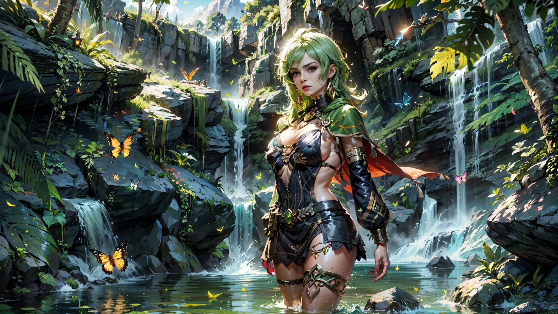 a woman surrounded by waterfalls in a forest is standing next to some stairs in the water as butterflies fly near her face and in a cave
