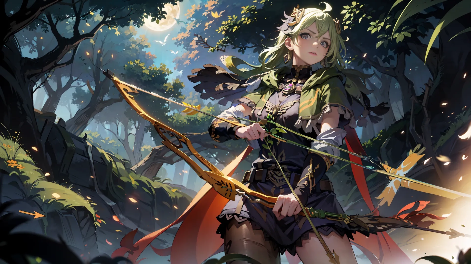 a girl with her bow and arrows in a forest, full of leaves and flowers, with foliage on the ground behind her, with a bird
