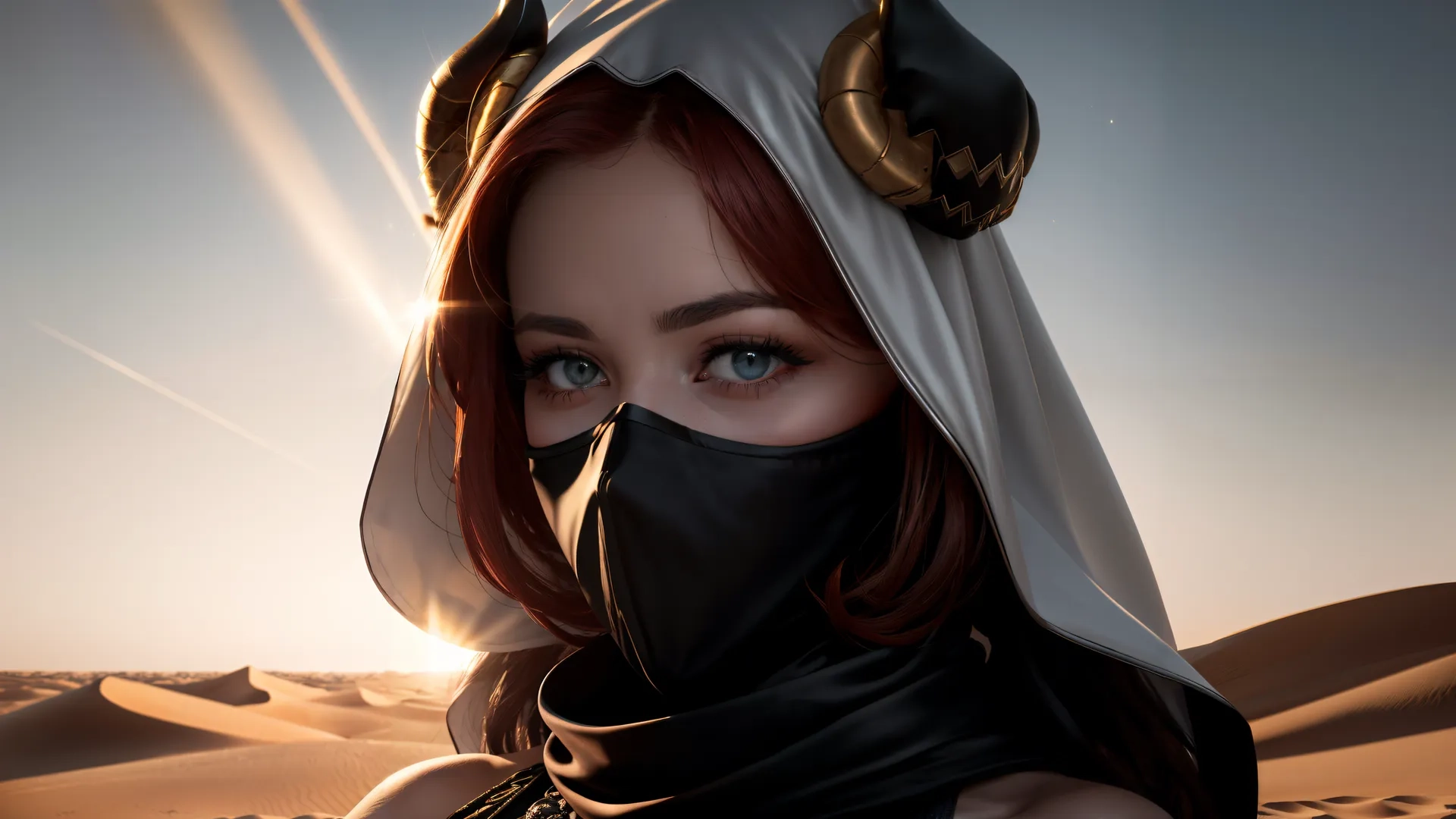 young lady in black and white hood around her neck wearing horns around eyes with sun behind her headpiece in desert area, outdoors, front of dark sky, wearing white
