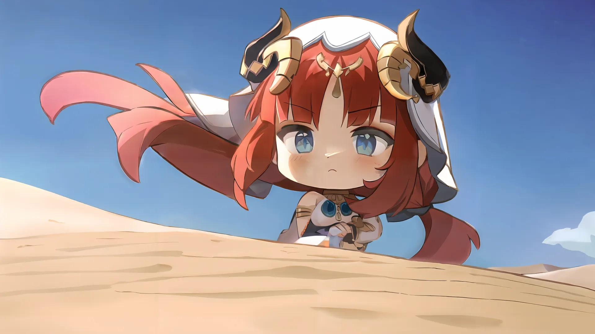 a cartoon girl is wearing a red outfit and holding a microphone, wearing a helmet on her head and big horns, at the bottom of the desert
