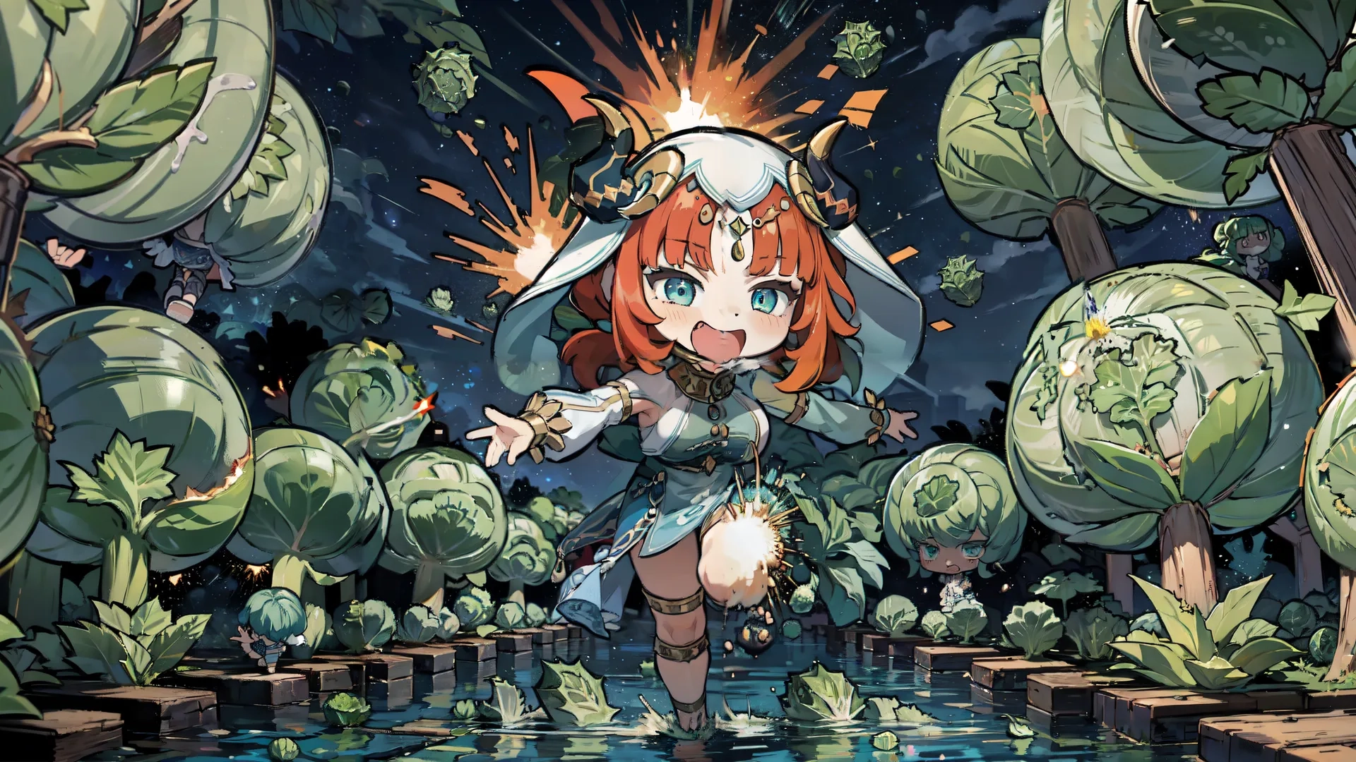 a painting depicting an anime girl in a forest with fire and water around her legs and hands outstretched with a star in one hand and the other on one side
