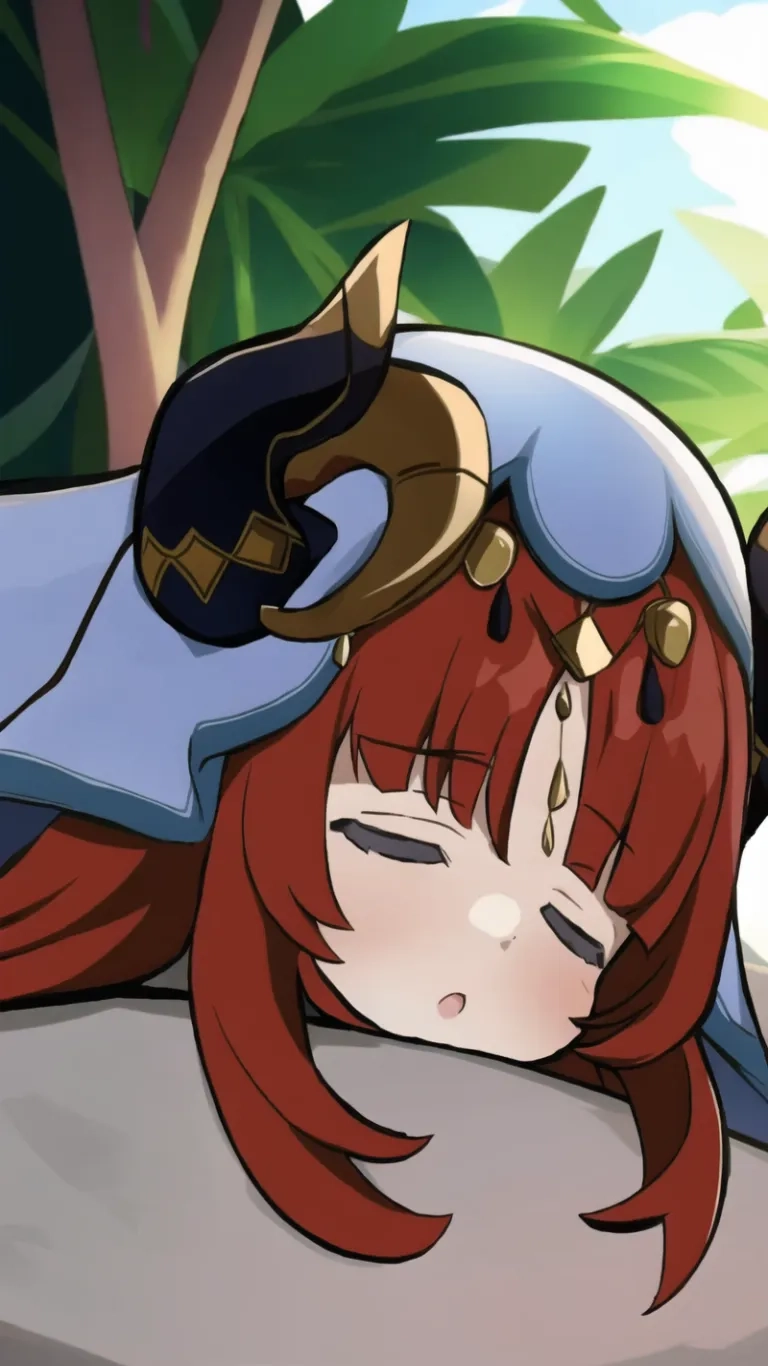 red and black anime character leaning on arm, with her long hair in pig tails, face down and hat on head, wearing sunglasses
