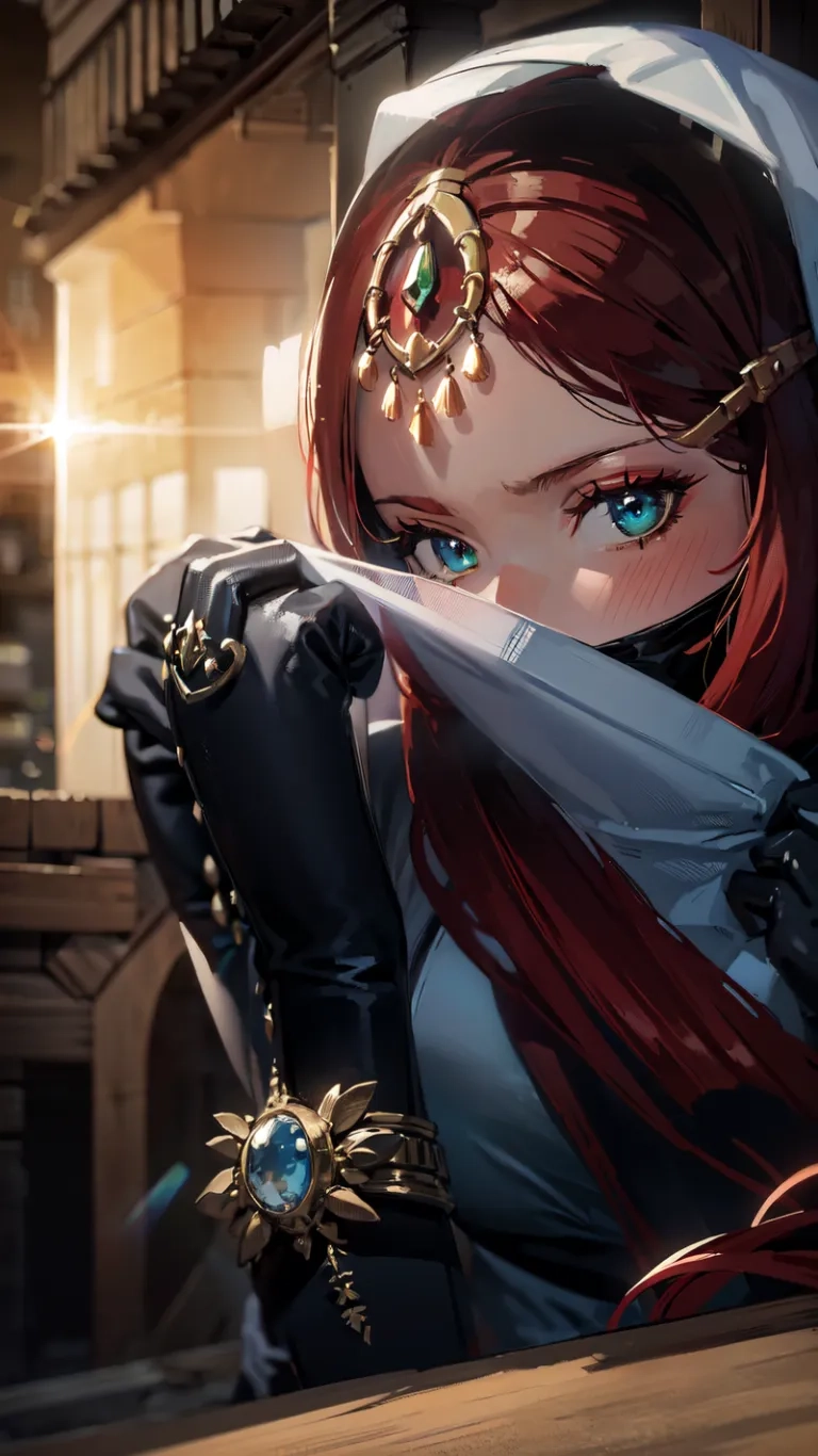 an anime girl with red hair and goggles on, holding a sword in her hand, sitting down in front of a window frame
