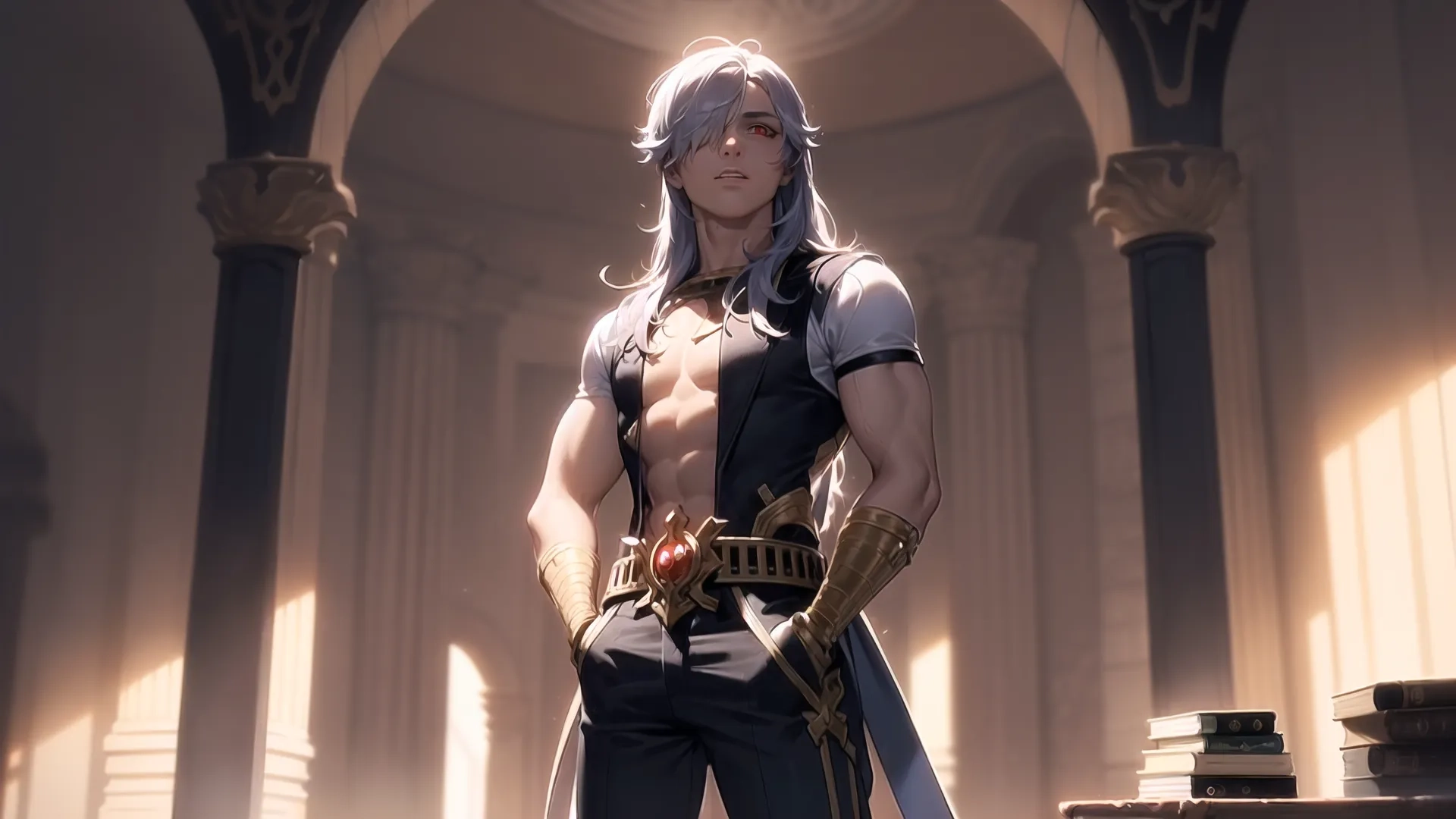 a male anime character is holding swords and an apple in one hand and a building in the otherhand with pillars behind him, and columns with arches and pillars behind
