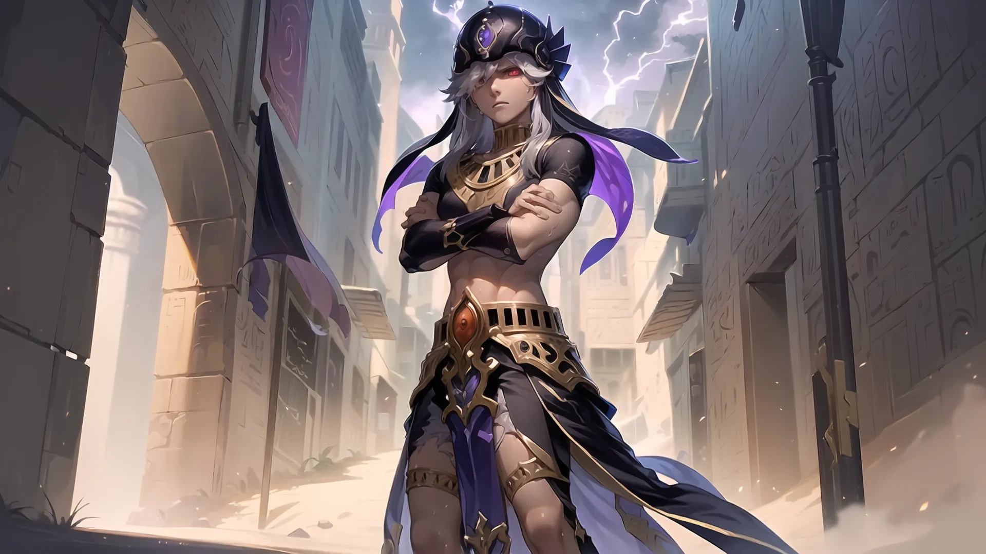 an image of a lady in the midst of a city's streets she has a purple cape on her head and is dressed in a warrior attire
