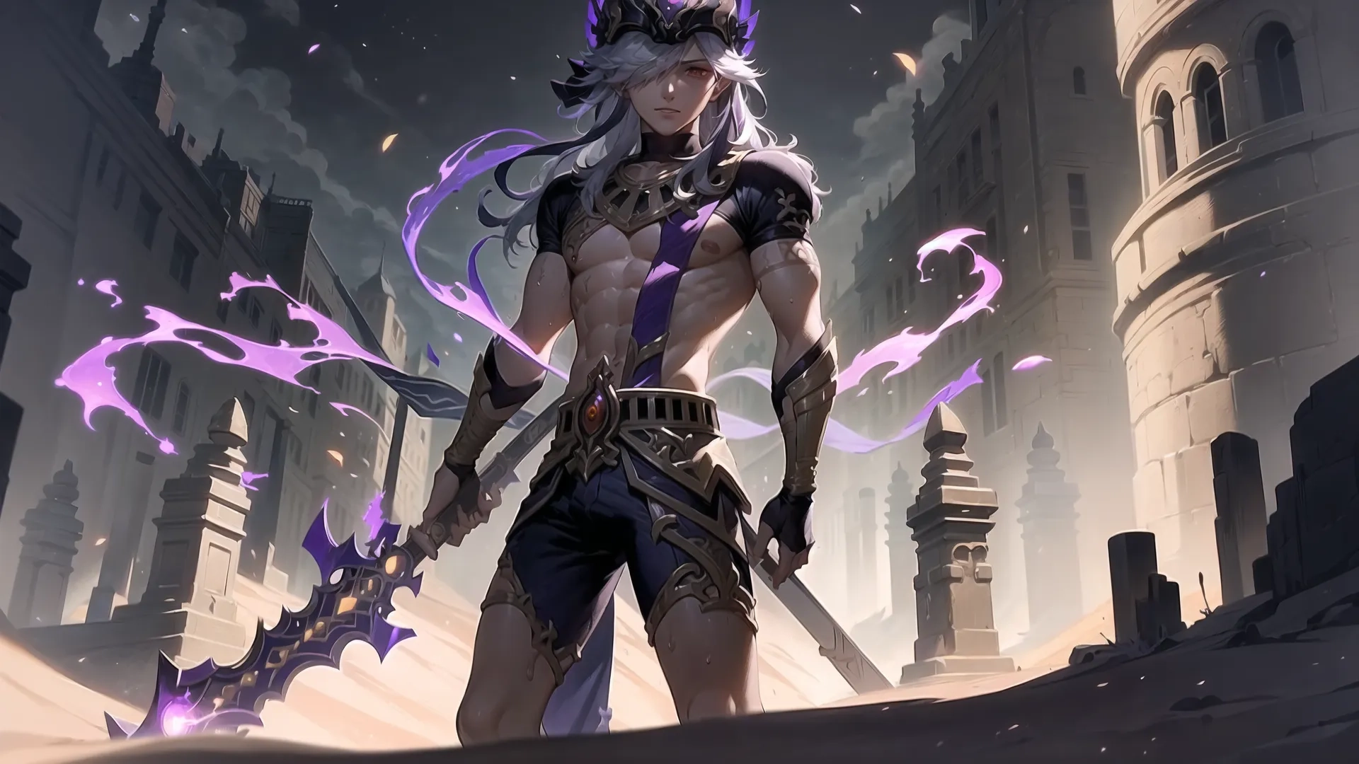 a man with a dragon on a city street, holding swords and posing for the camera in front of the ruins and burning buildings covered in smoke
