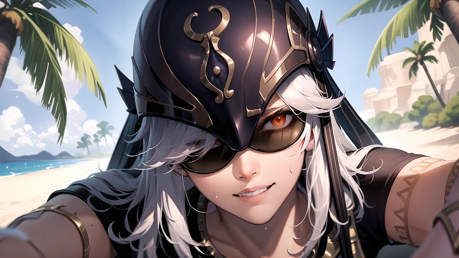 a woman with sunglasses on standing next to palm trees and the beach on sunny, clear day looks forward while wearing an oversized eye armor style helmet
