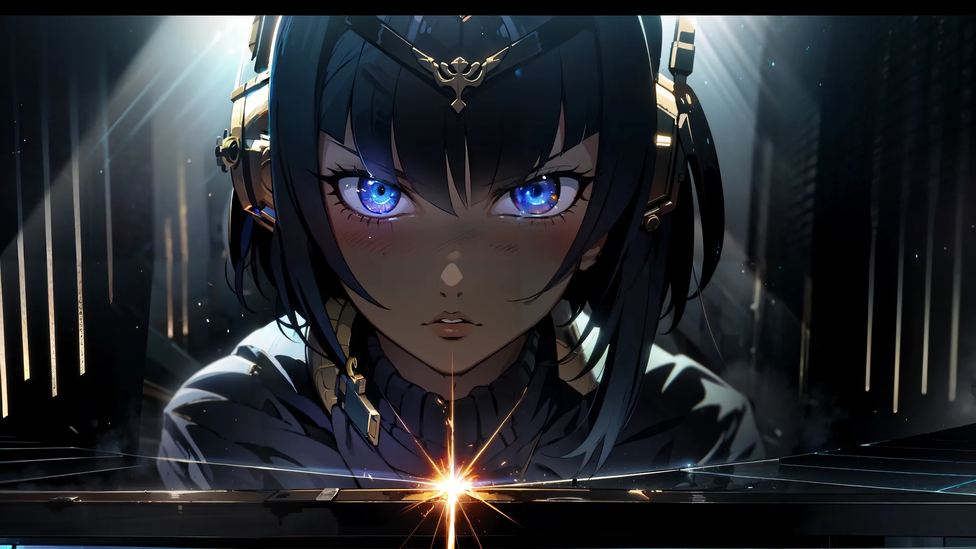 anime girl with blue eyes, wearing a star halo over her shoulder and dark long dark hair is standing in light and lighting area of the darkness
