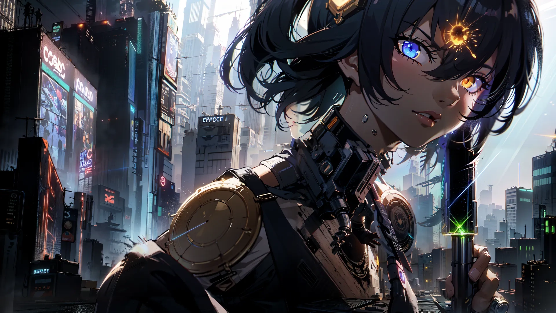 an image of a woman that is standing on a ledge in front of a cityscape with the sun rising over her eyeglass
