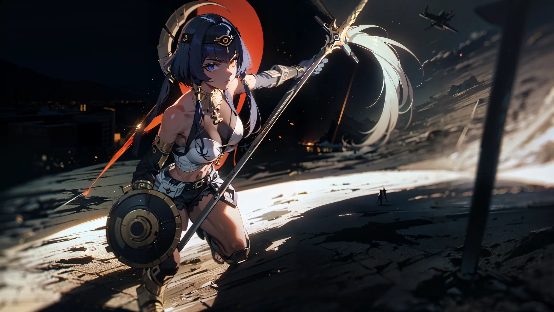 digital illustration of a woman with a warrior outfit in a desert area at night holding spear and shield's staff's tips and a sword
