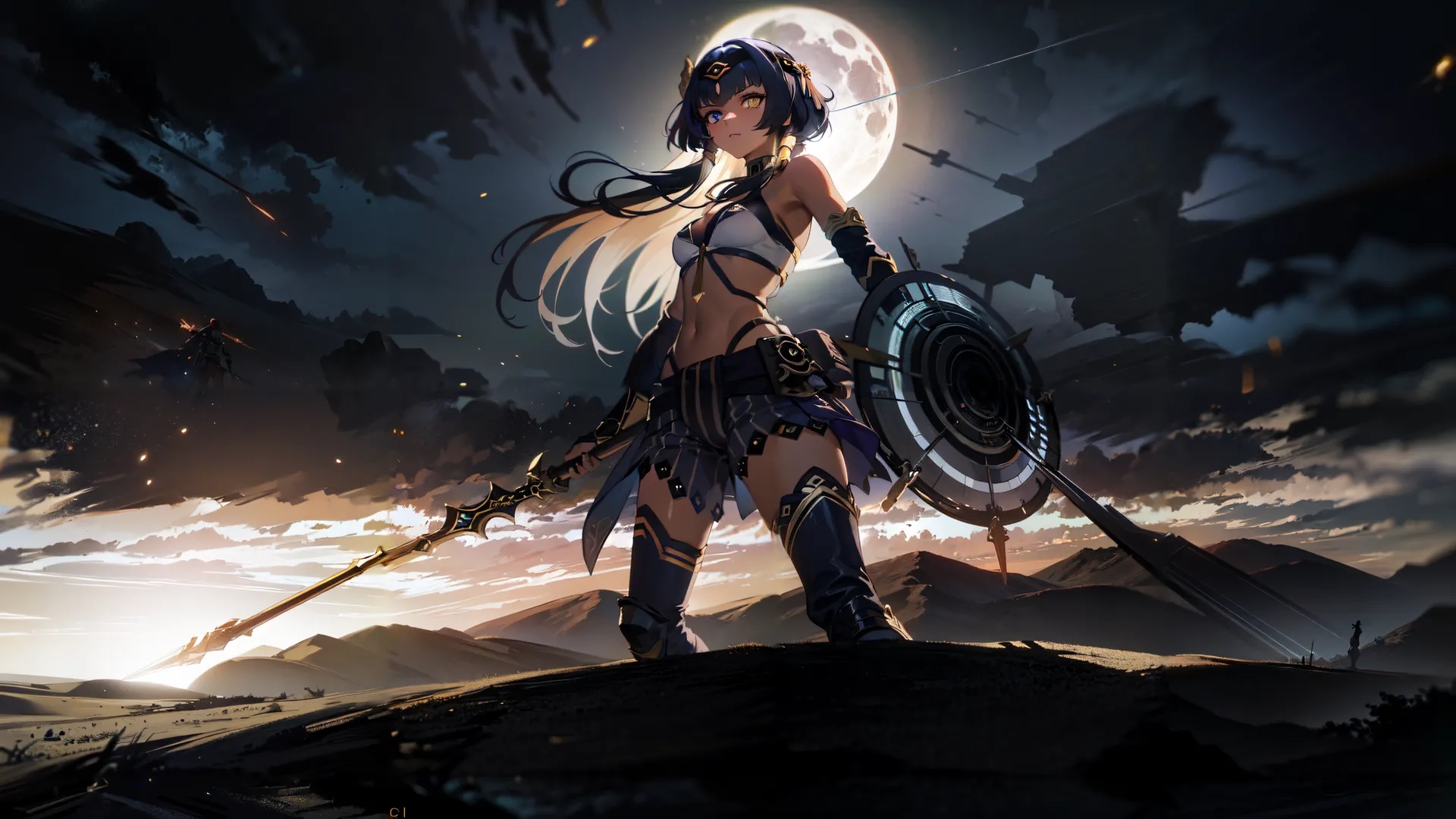 this woman warrior is holding a sword at sunset by the desert with an moon in the background and a full - moon and mountains are behind her
