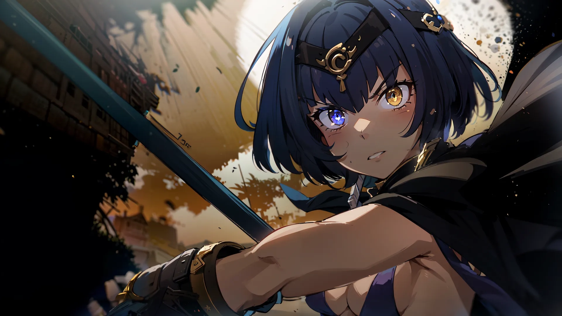 anime girl holding two swords near a dark background of yellow clouds and the sun above her neck with gold rings above her head and purple and
