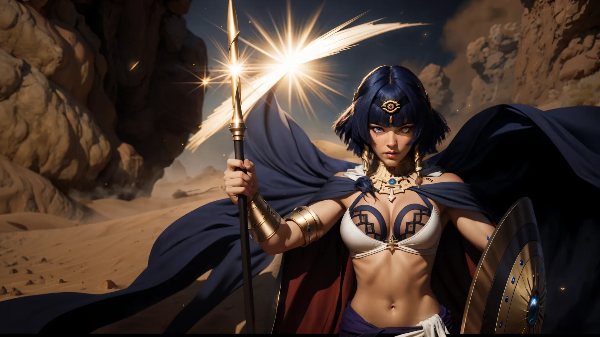 a young woman is dressed as an egyptian warrior with an elaborate sword and cape, standing in front of a rocky landscape with large rocks
