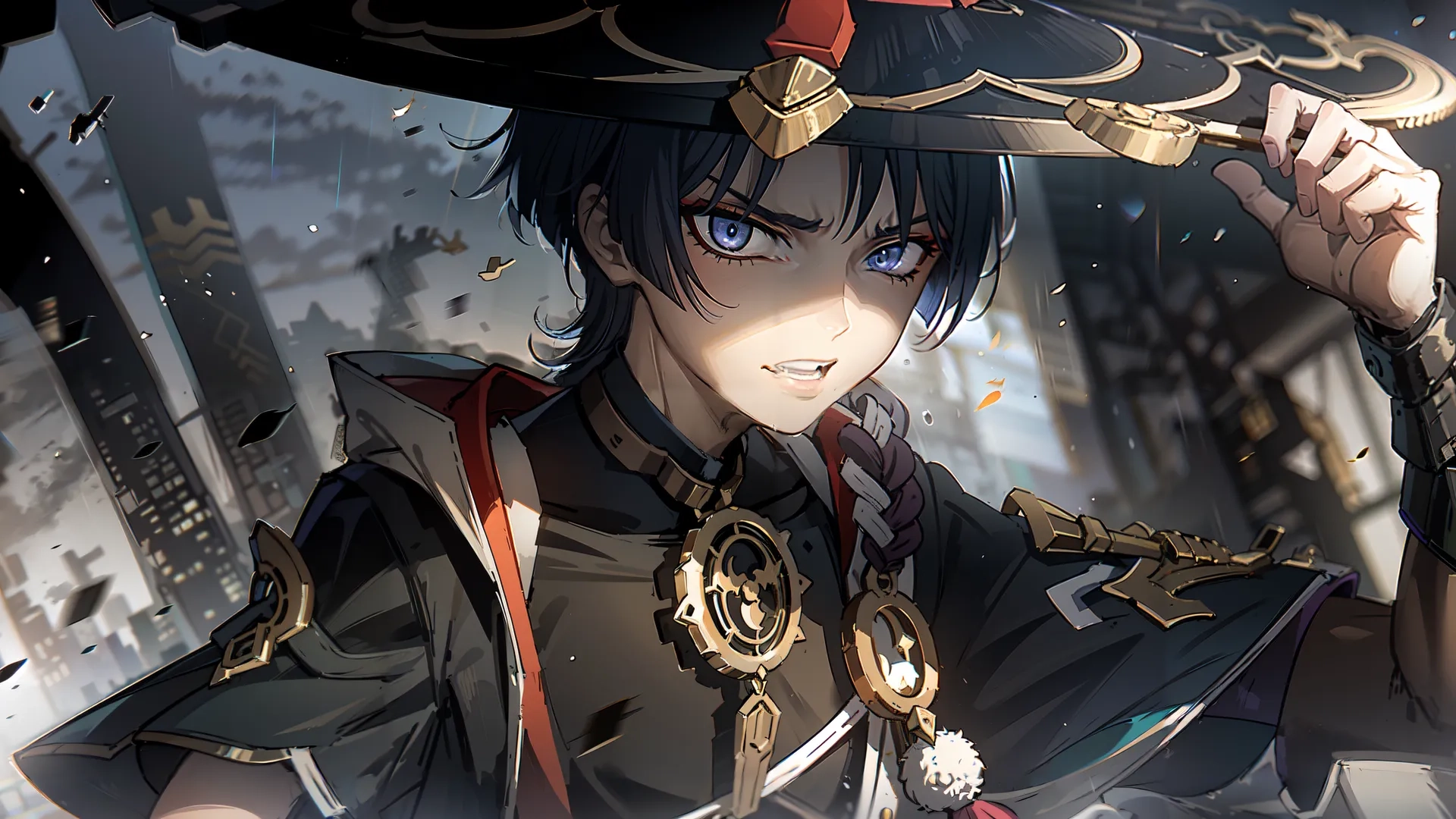 an anime character holding a sword over its head and hat as well as a firework flares up behind his shoulders, and a dark background
