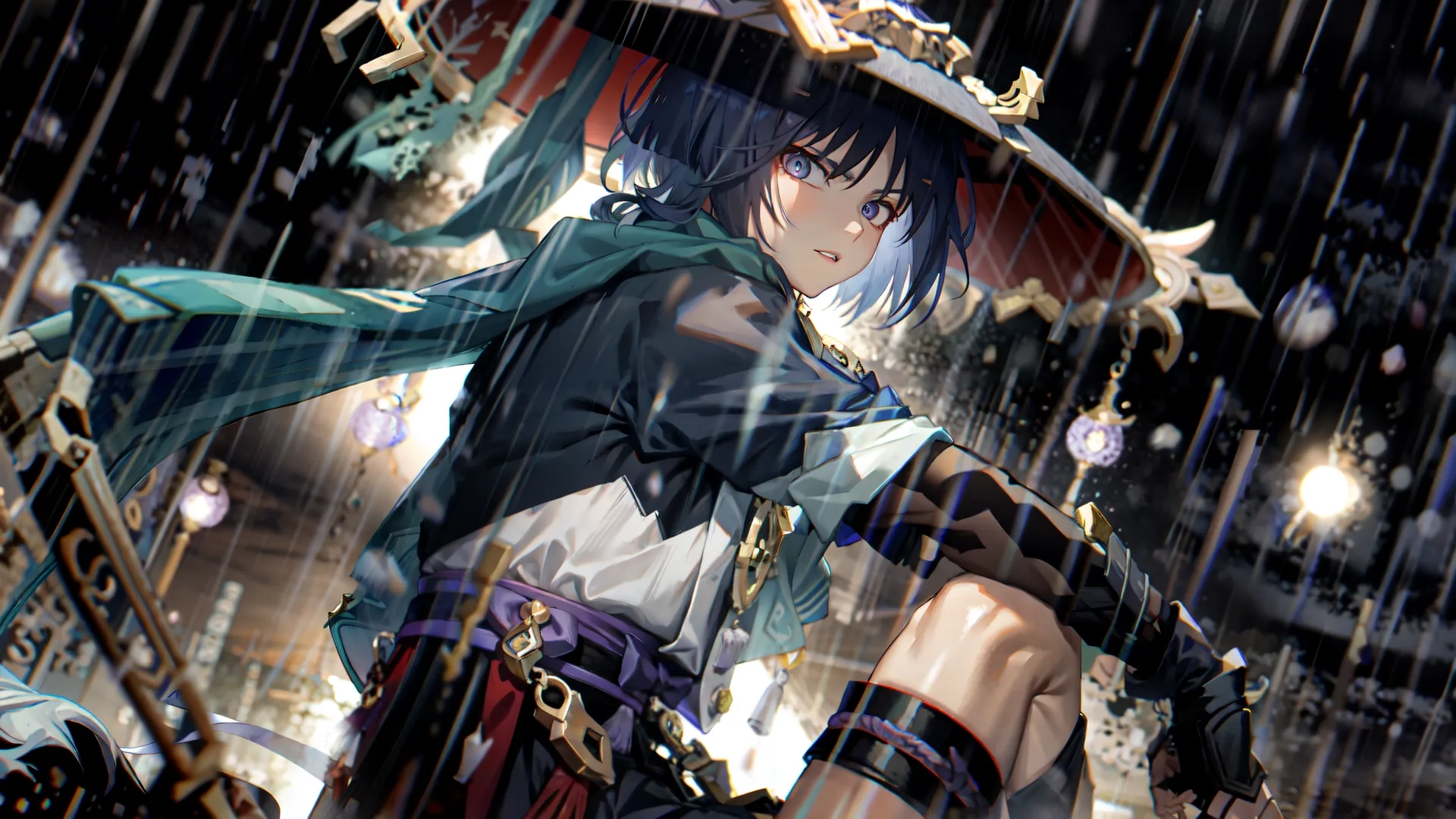 a picture of someone in the rain with a hat on, one holding a umbrella with her hand out, other one in the rain
