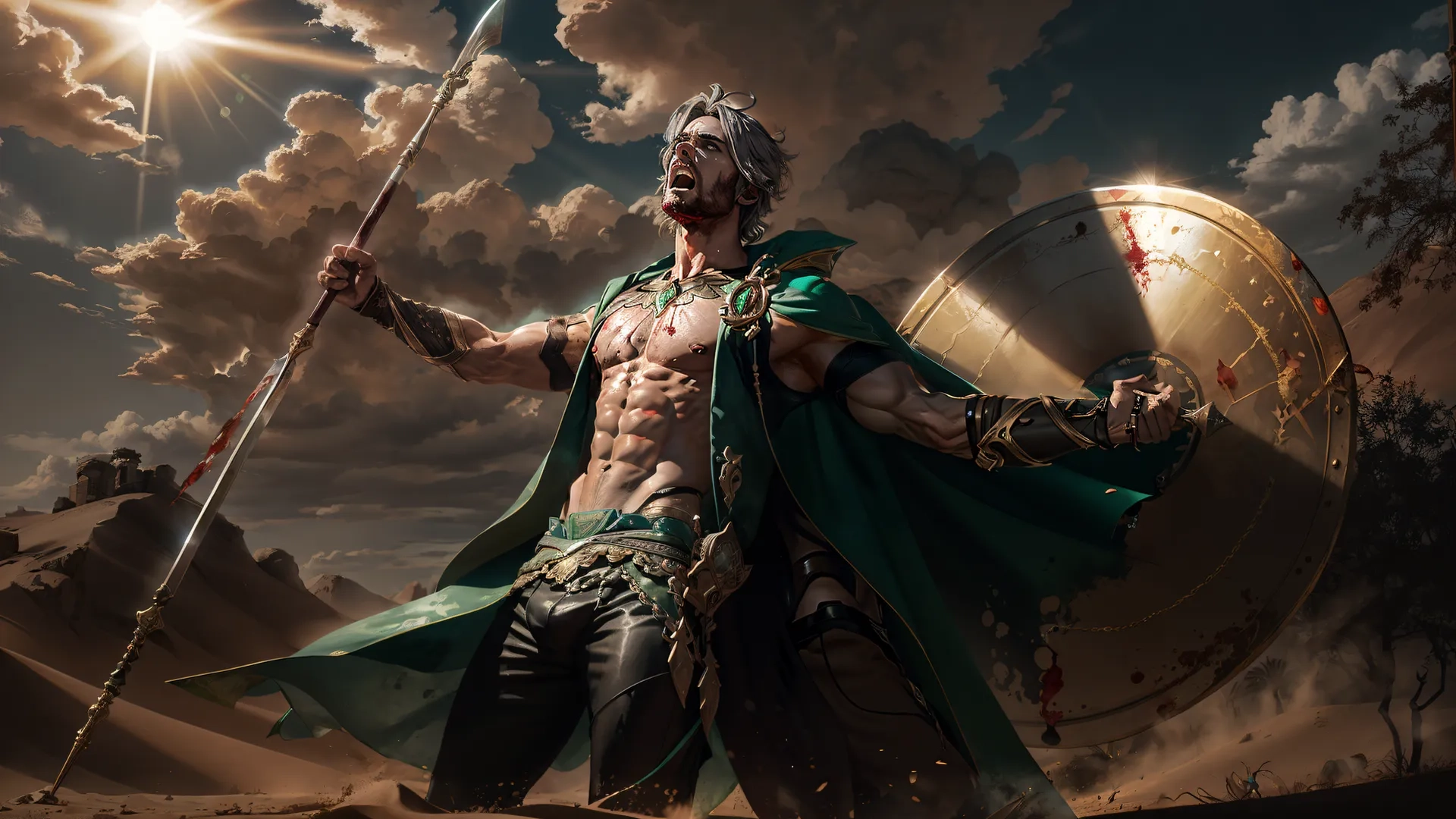 a shirtless warrior with arm and sword holding shield is standing in the desert, with clouds in background on sunny day as night approaches
