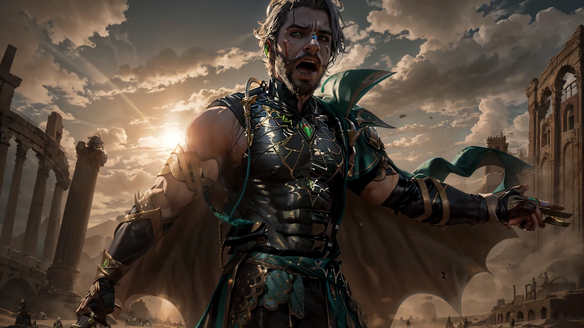 a male character stands with arms out in front of a city street while holding a green object with one hand and making face expression of emotion
