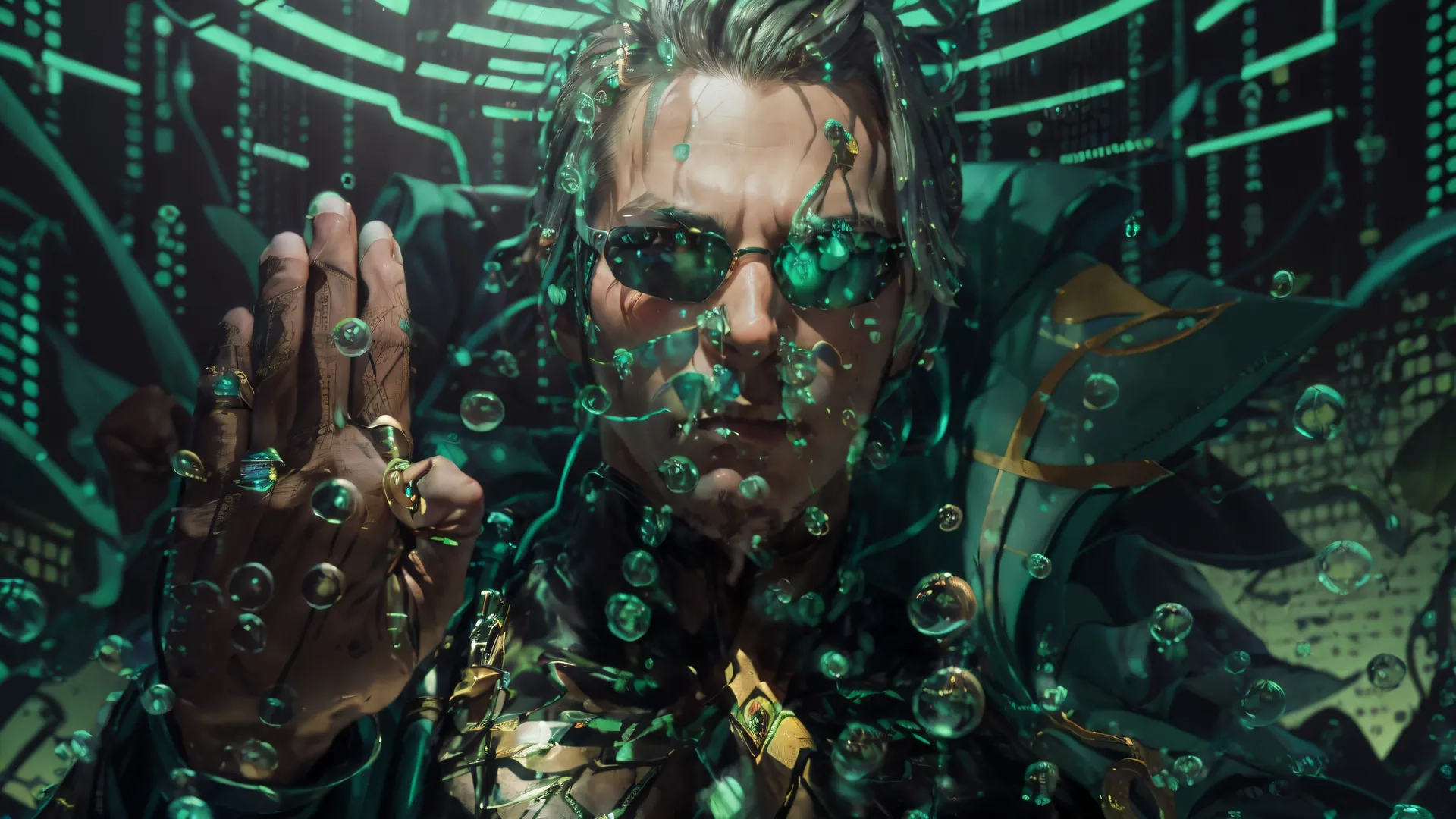 a man with some spiky green wire in his hands with the eyes covered in water bubbles and eyes open to see something like liquid

