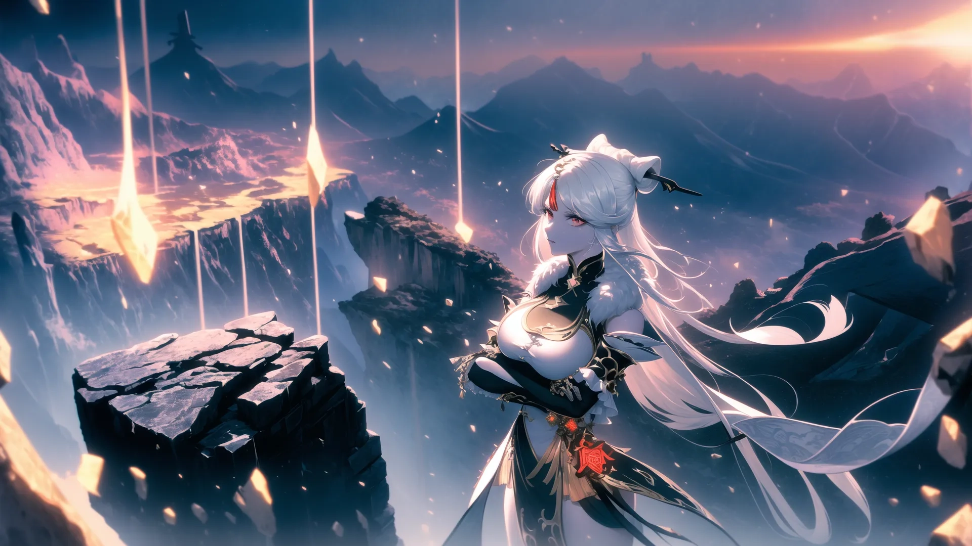 an illustration of the long - haired girl in an ice suit stands on top of mountains as fireworks go out across the valley behind her and into the sky
