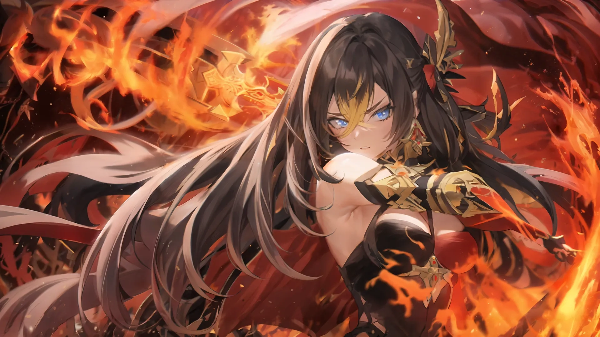 the anime girl is surrounded by fire and flames by herself she looks very fine because of her appearance in this image, but is so cute
