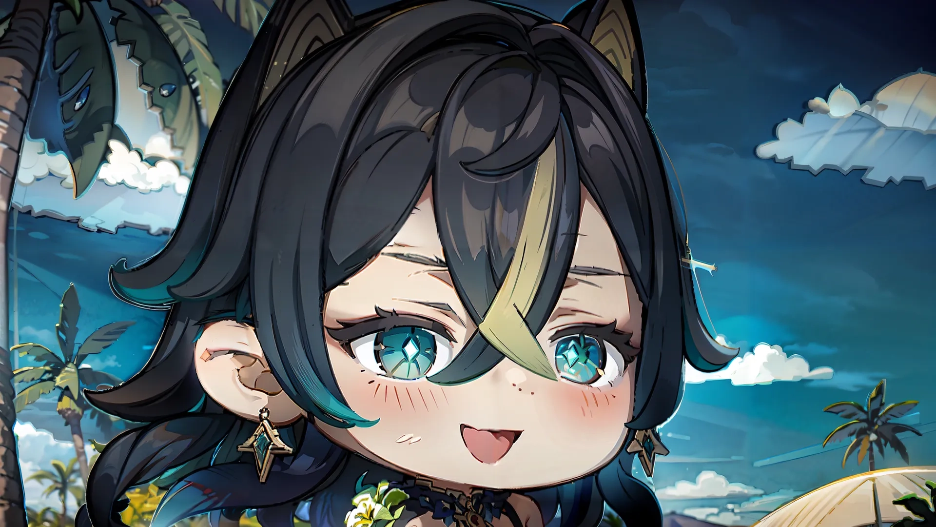 a animated anime character dressed as cats on a sandy beach with palm trees in the distance and some water at its edges underneath her surface
