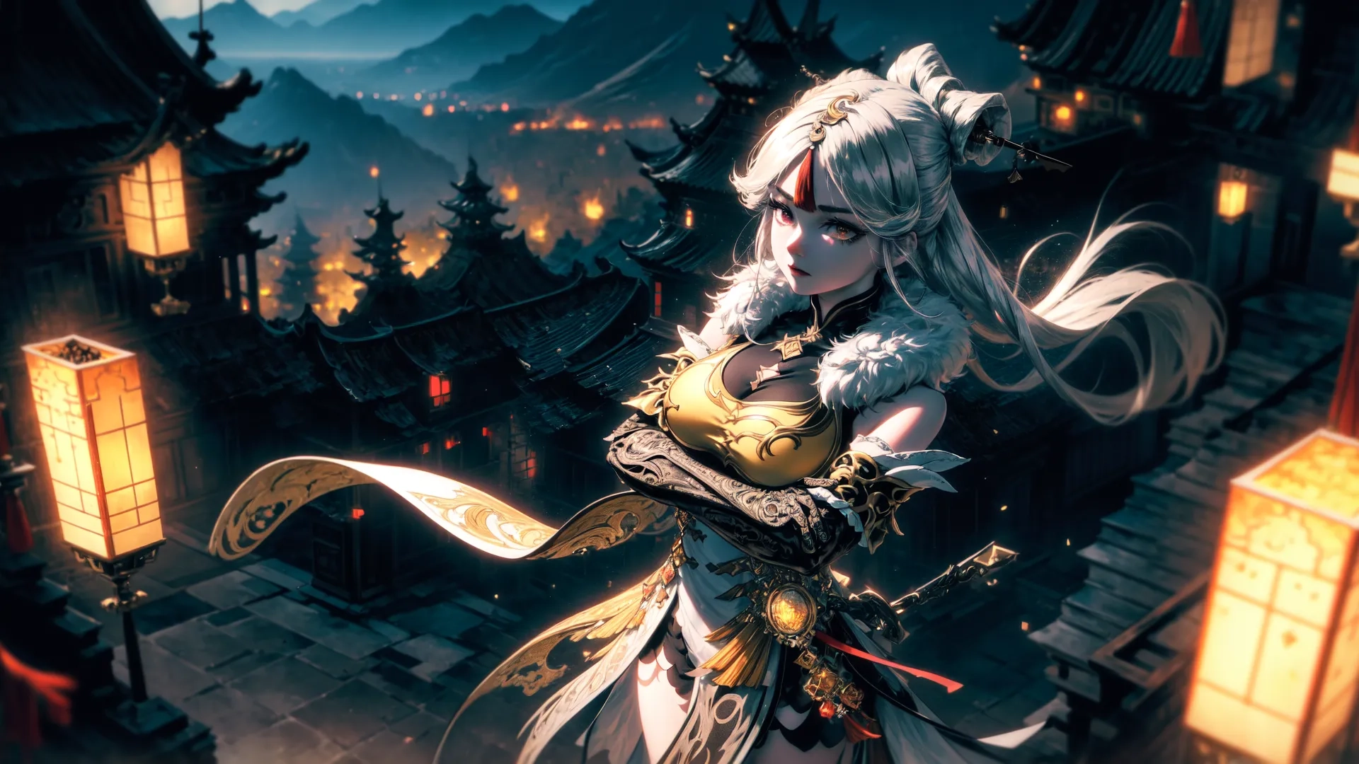 anime girl with gold wings carrying sword in city area at night time with full moon and lit street lights above her, illustration artwork by hunsqom,
