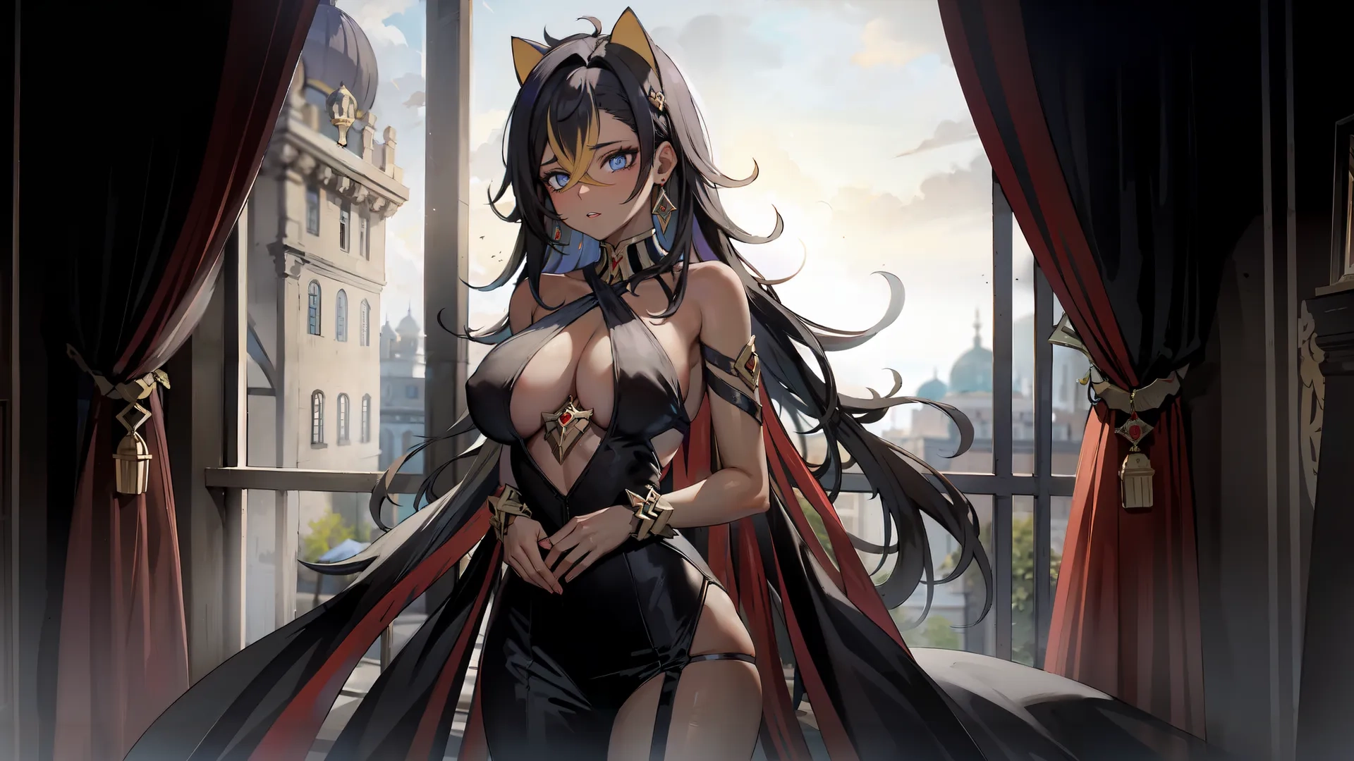an anime female with long black hair wearing a red cape and black hair standing in front of a window looking at something on her chest
