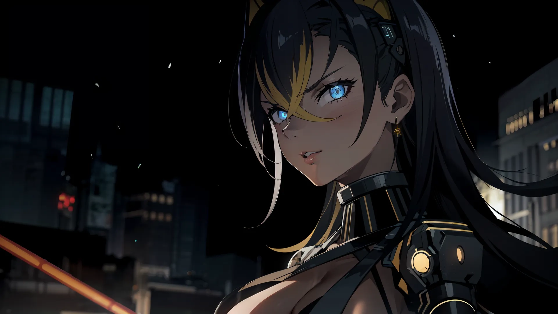 a sexy anime character has long black hair and yellow horns in her right hand, looking forward at camera with a building in the background
