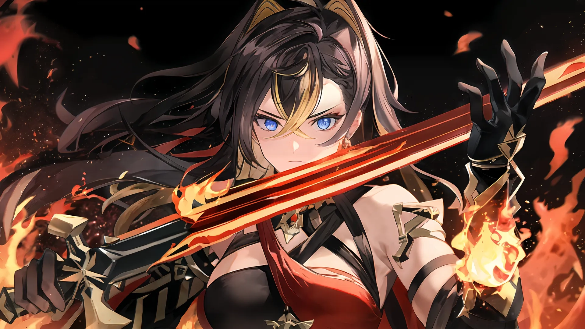 an image of a anime character with fire in the background and flames around her from behind her shoulders, the character wears armor like a knight
