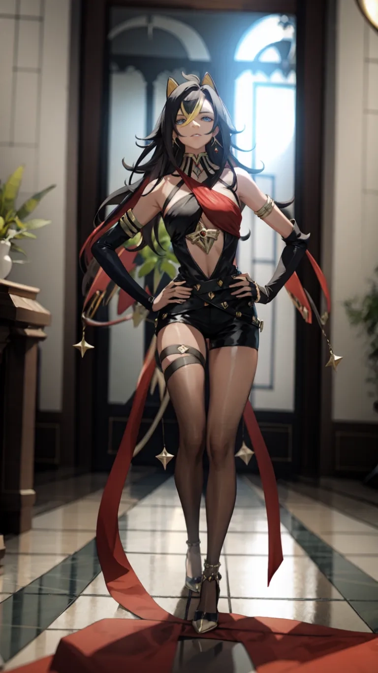 the female in a black and red cosplay posing for a photograph in a church interior with the doorway open, a window with a plant in the background
