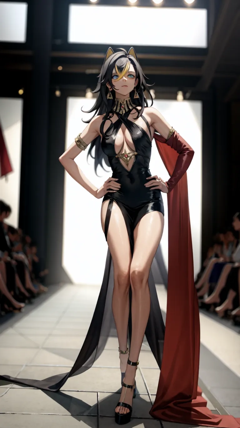 a woman in a black outfit and a robe is on a runway surrounded by fans to see something red, white and blue behind her
