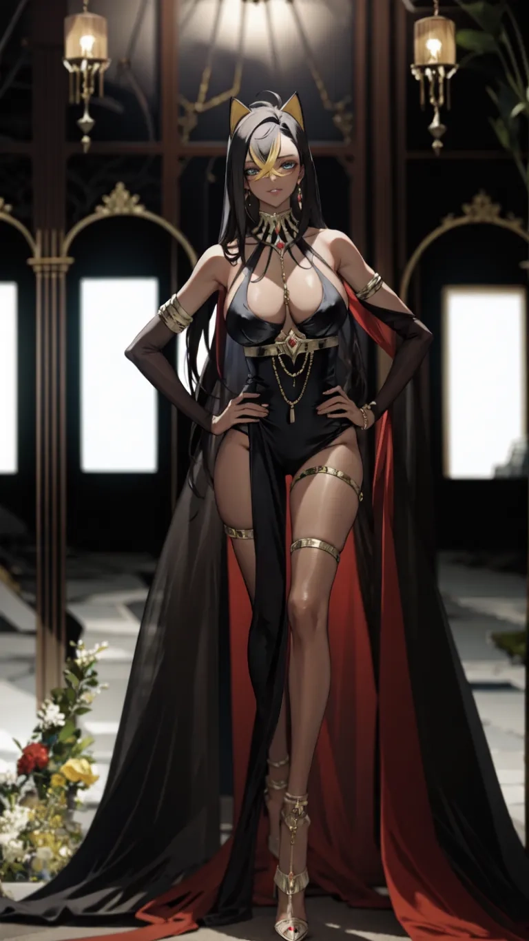 a woman is dressed in a black and red costume the caper is gold and holding something behind her back is in front of her
