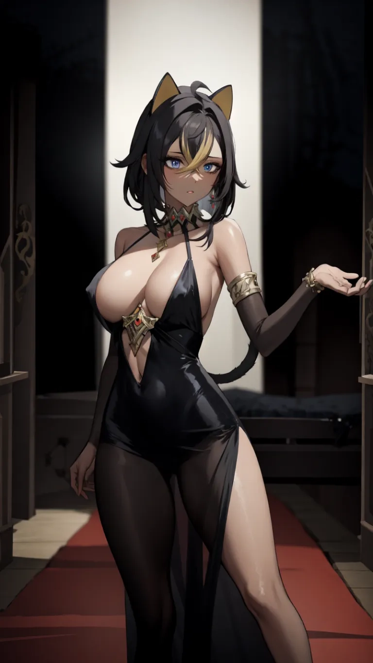 an anime girl posing on steps with dark colors and black cats ears on her head and a cat ears sticking out of her chest and leg
