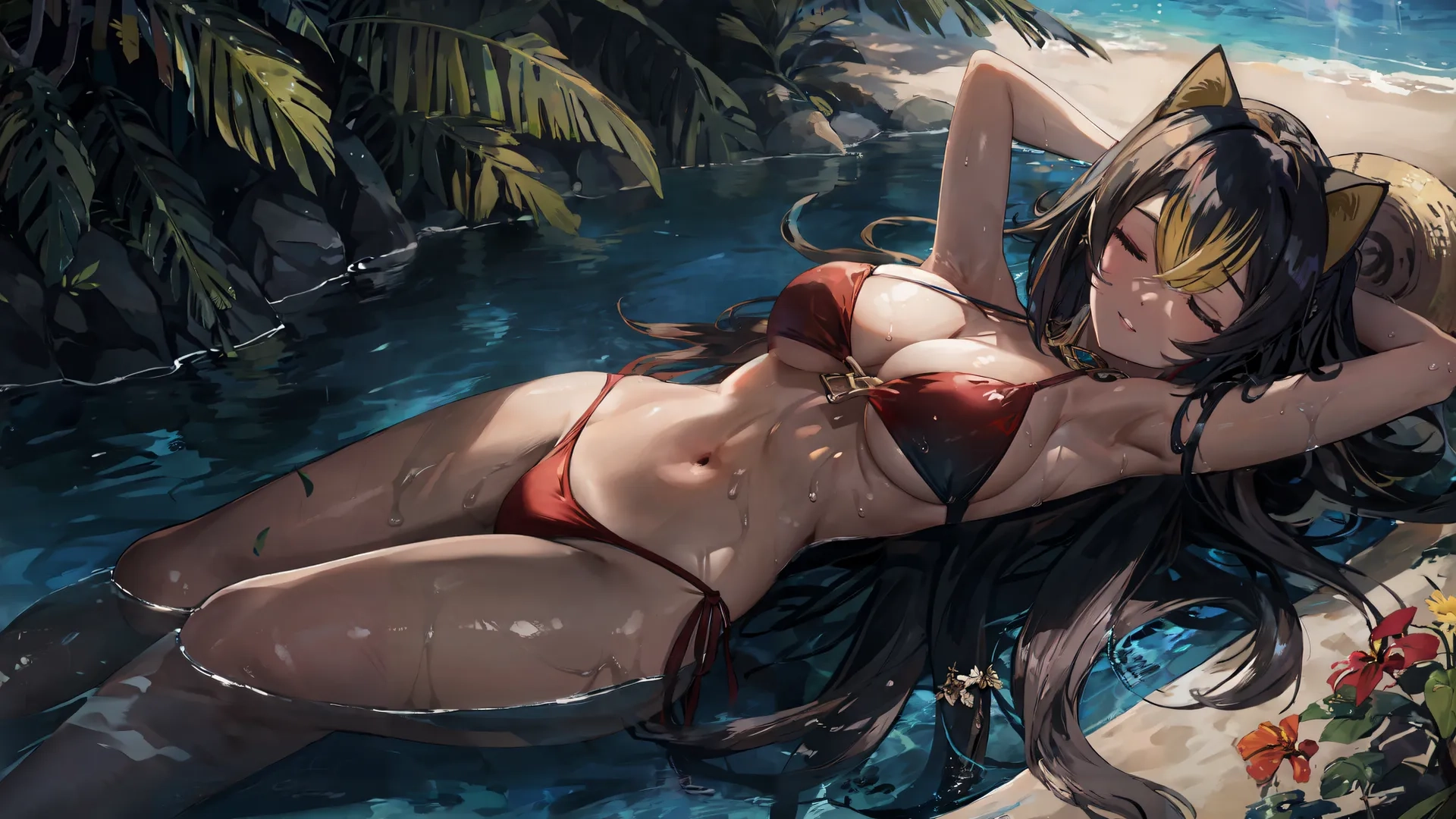 a sexy anime girl in the water next to a pool with her hand up on the water board and her shirt hanging loose over her face
