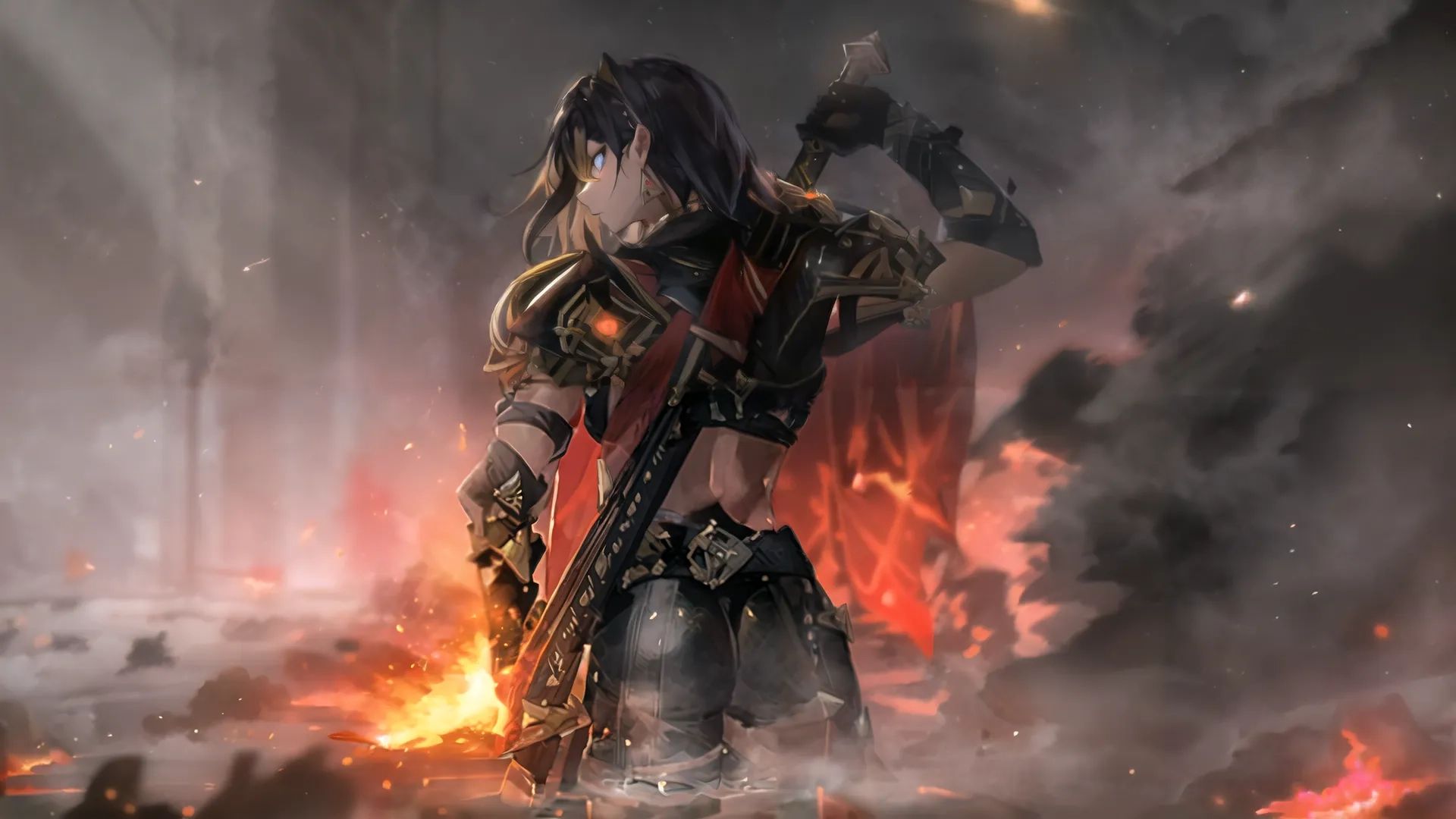 a girl dressed as a knight standing in front of a wall with an ax gun on her shoulder and a flame in the air behind her
