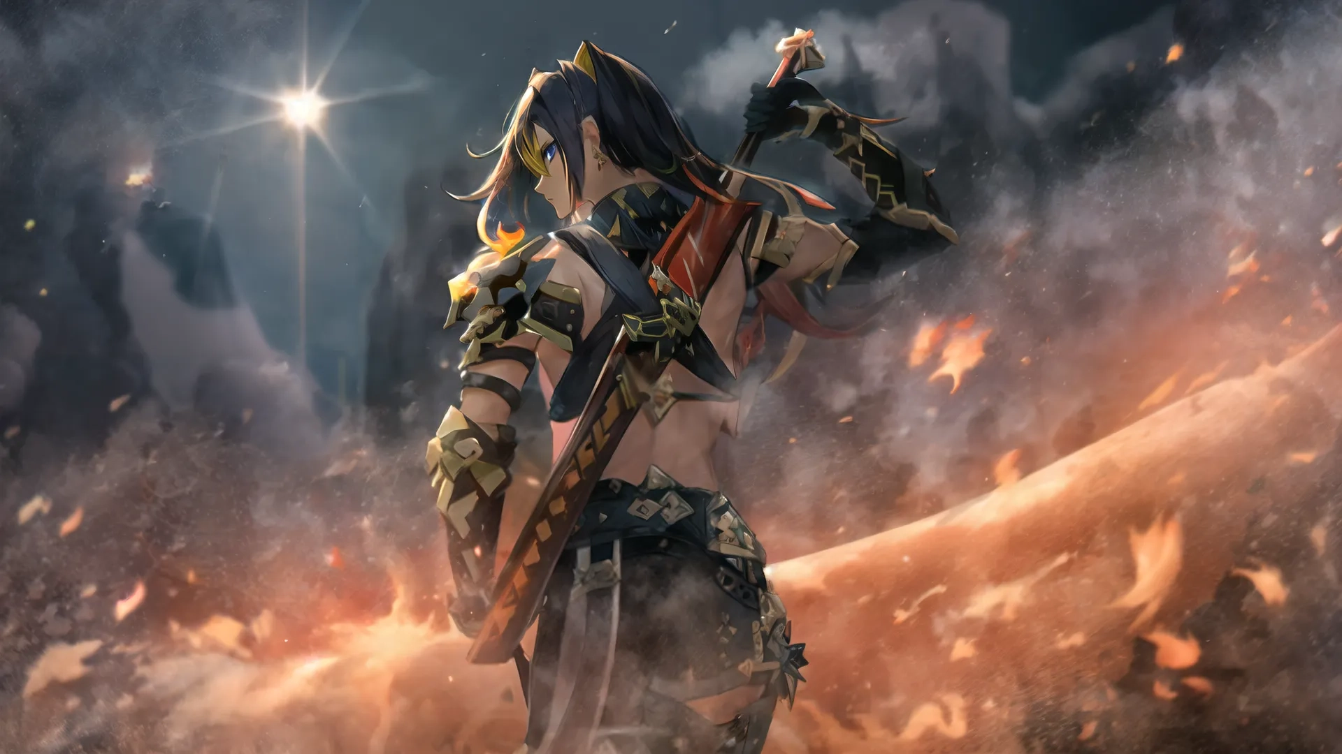 the concept is in game or video game called warrior girl with sword and armor, standing against a backdrop of burning and eerie sky effects
