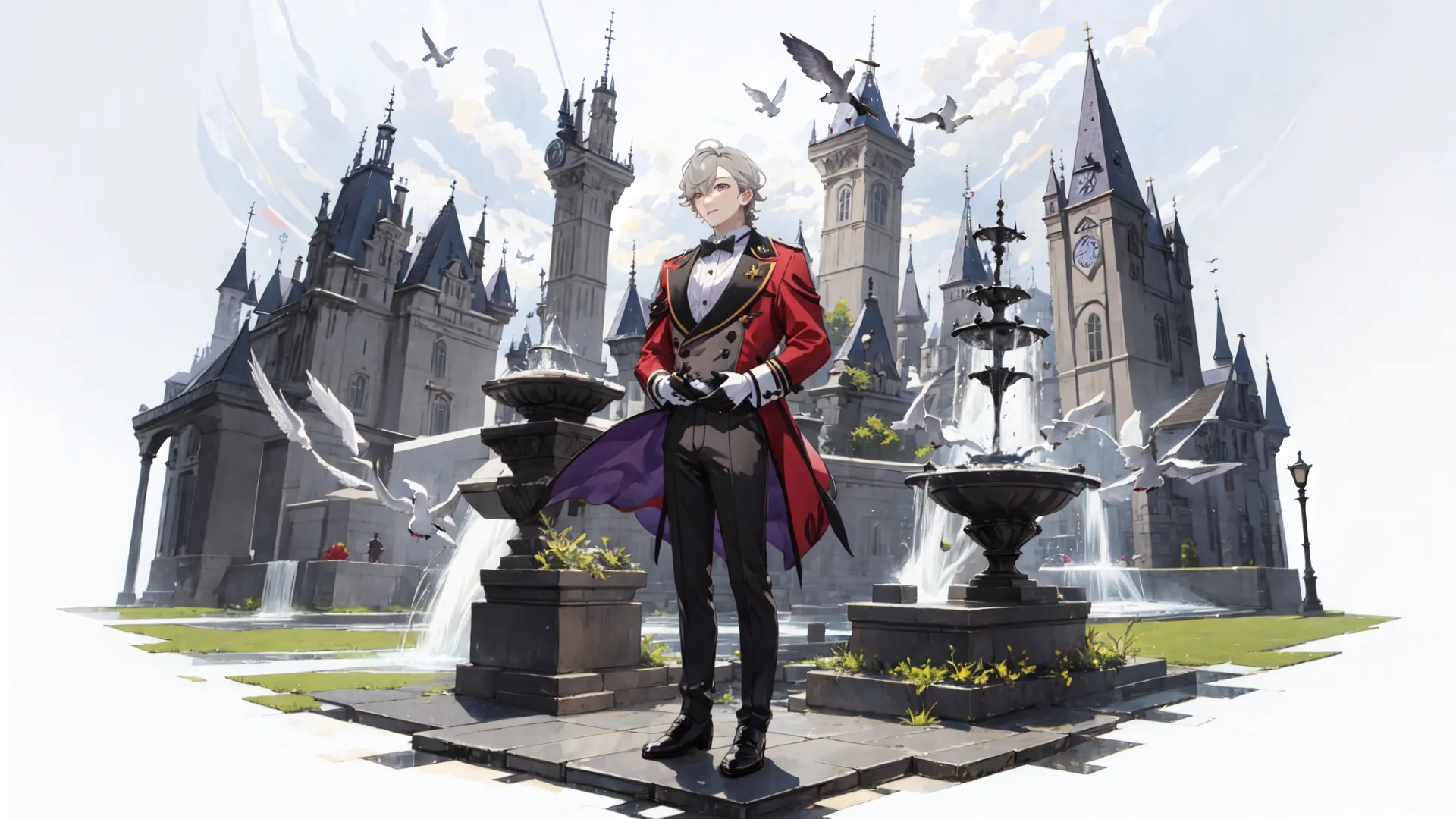 a man with white hair and white hair wearing red standing in front of a castle wearing a black suit with a purple cape on his shoulders
