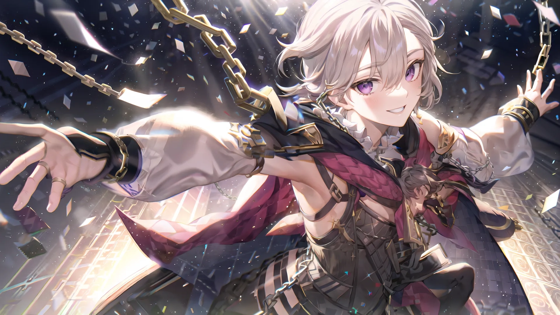 anime female warrior dressed in light outfit preparing to attack enemy sword on a snowy day with large chains around her arm and chest, head neck up

