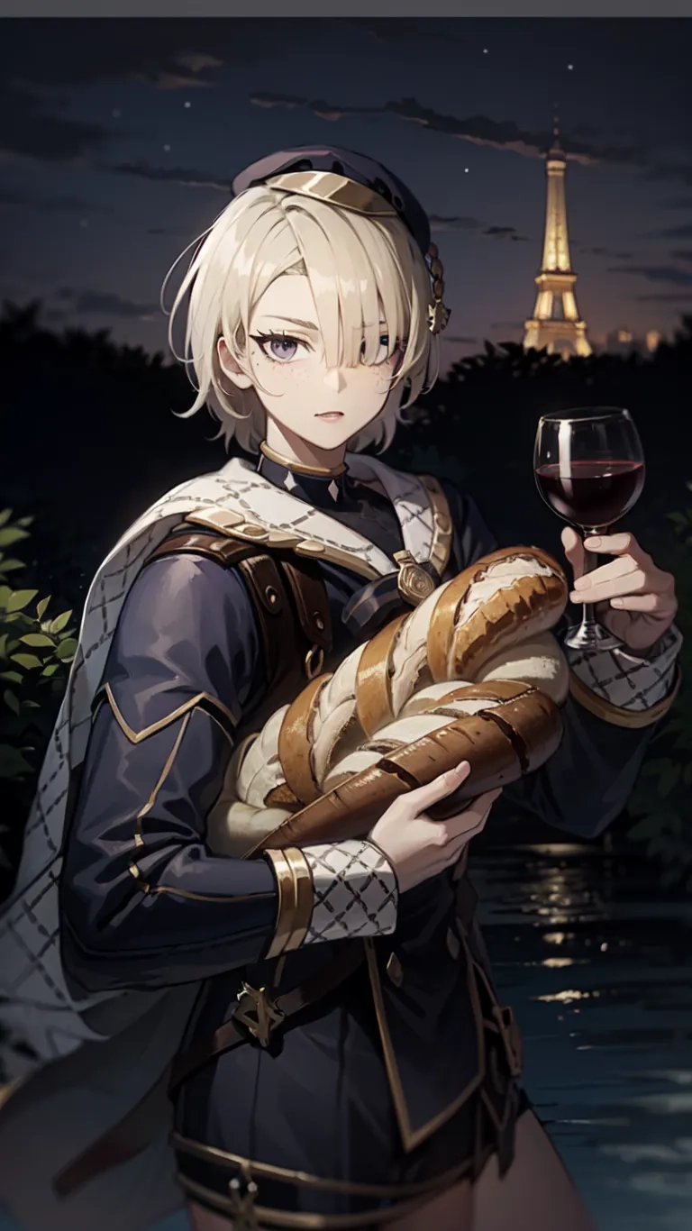 female anime character holding bread and glass of wine in front of eiffel tower in paris, france at night time, by the water
