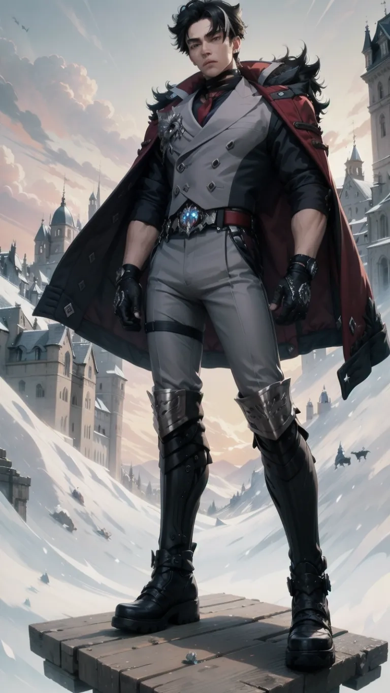 a man wearing a coat and leather boots stands on a ledge in the air while wearing skis, gloves and an overcoat behind him is ruins, a castle
