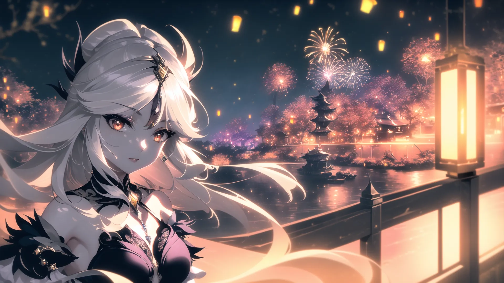 a girl sitting on a bench near a firework display and fireworks and candles in the air all around her from her face to her hair, on her face
