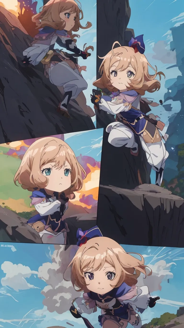 various different pictures of the characters on each side of the image, with sky in the background and sun in the top corner behind them, with the sword and the foreground under the second
